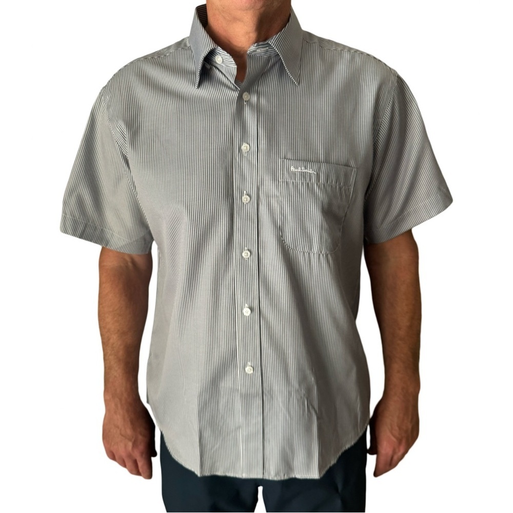 New PAUL SMITH London Short Sleeve Button Up Shirt Charcoal Grey White Stripes
